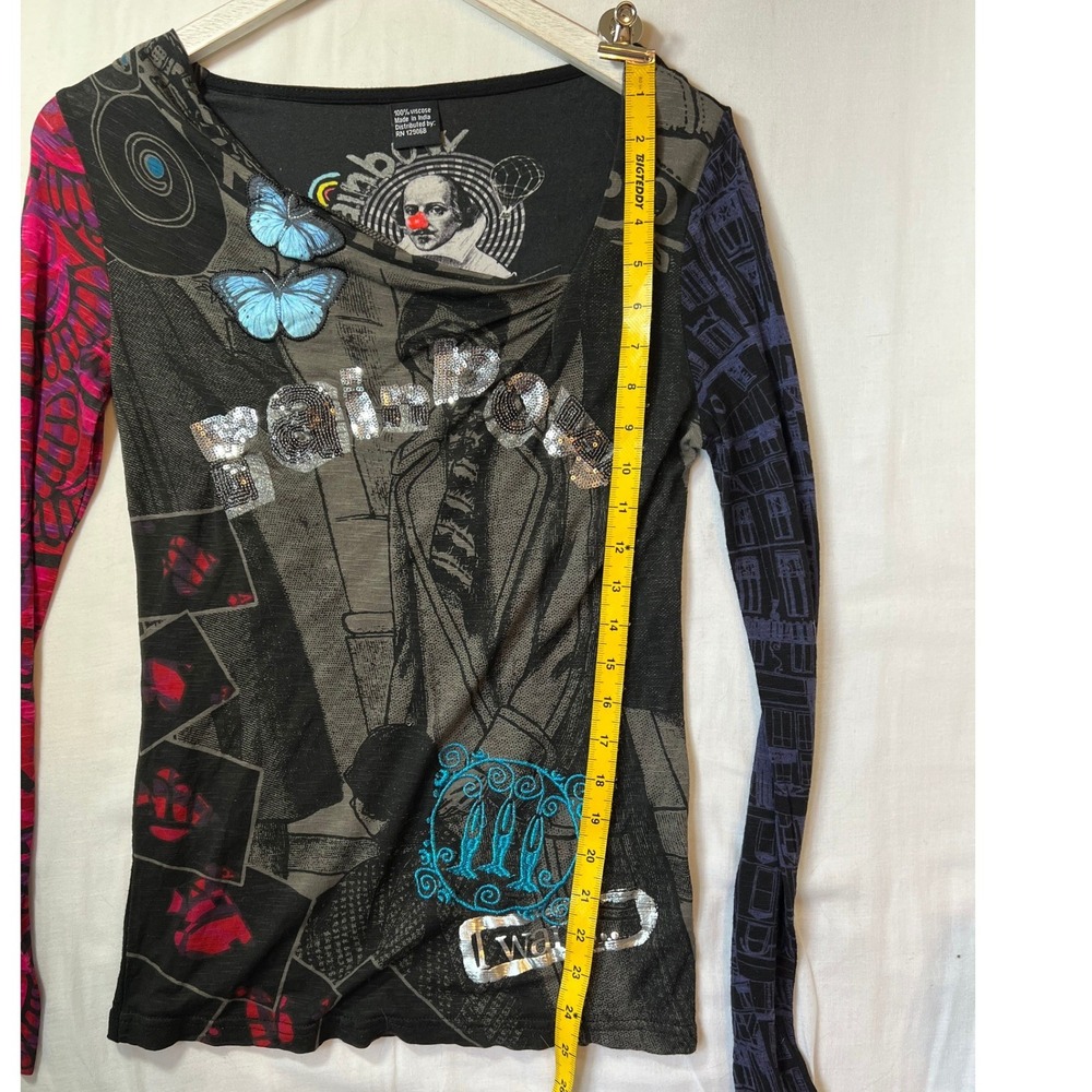 Desigual Womens Long Sleeve Rainbow Sequin Butterfly Mixed Media Graphic Top - Picture 9 of 9